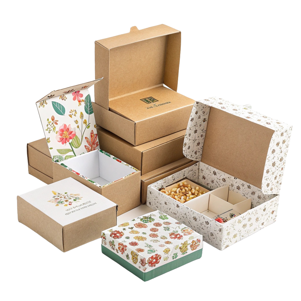 Eye-catching poster display of multiple custom paper boxes in various colors and styles, ideal for eco-friendly packaging presentation.