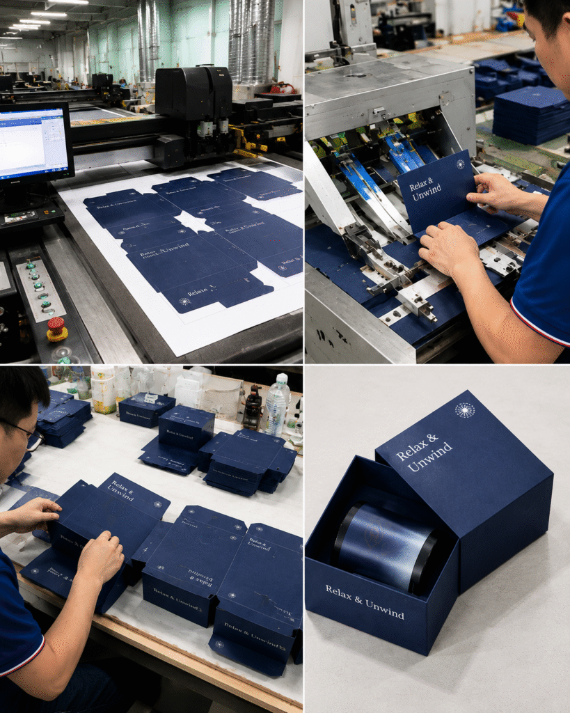 Workers assembling and folding navy blue custom candle boxes on factory production lines, showing high-quality printing and packaging process.